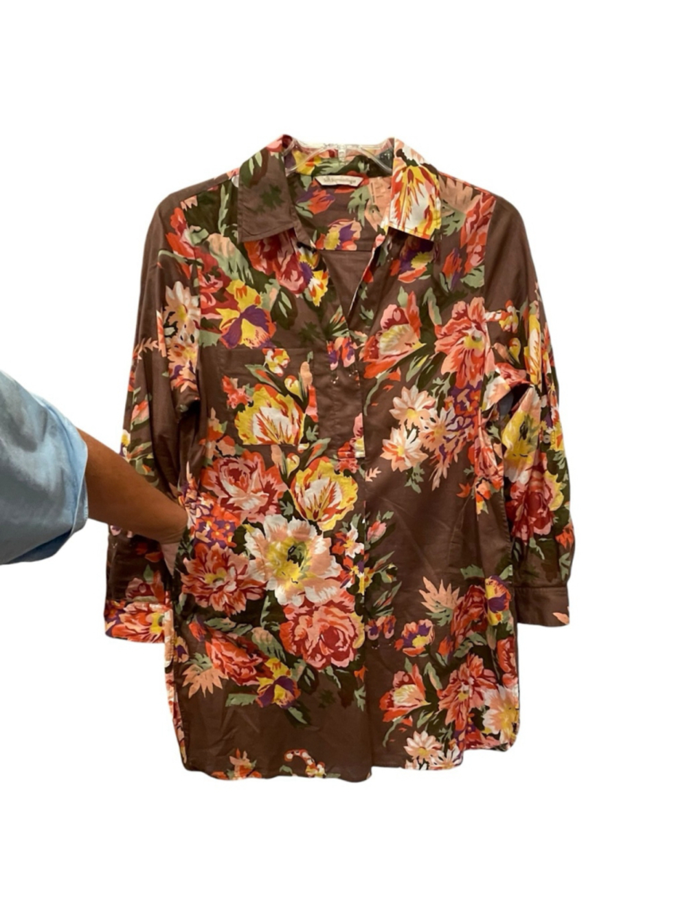 Soft Surroundings Womens Size Large Brown Floral Tunic Top Button Front Pockets - Picture 5 of 15